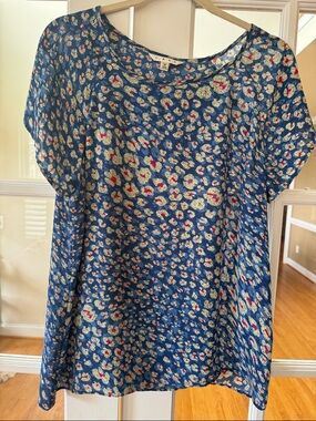 CAbi Blue Floral Short-Sleeve Blouse with Cream and Red Accents